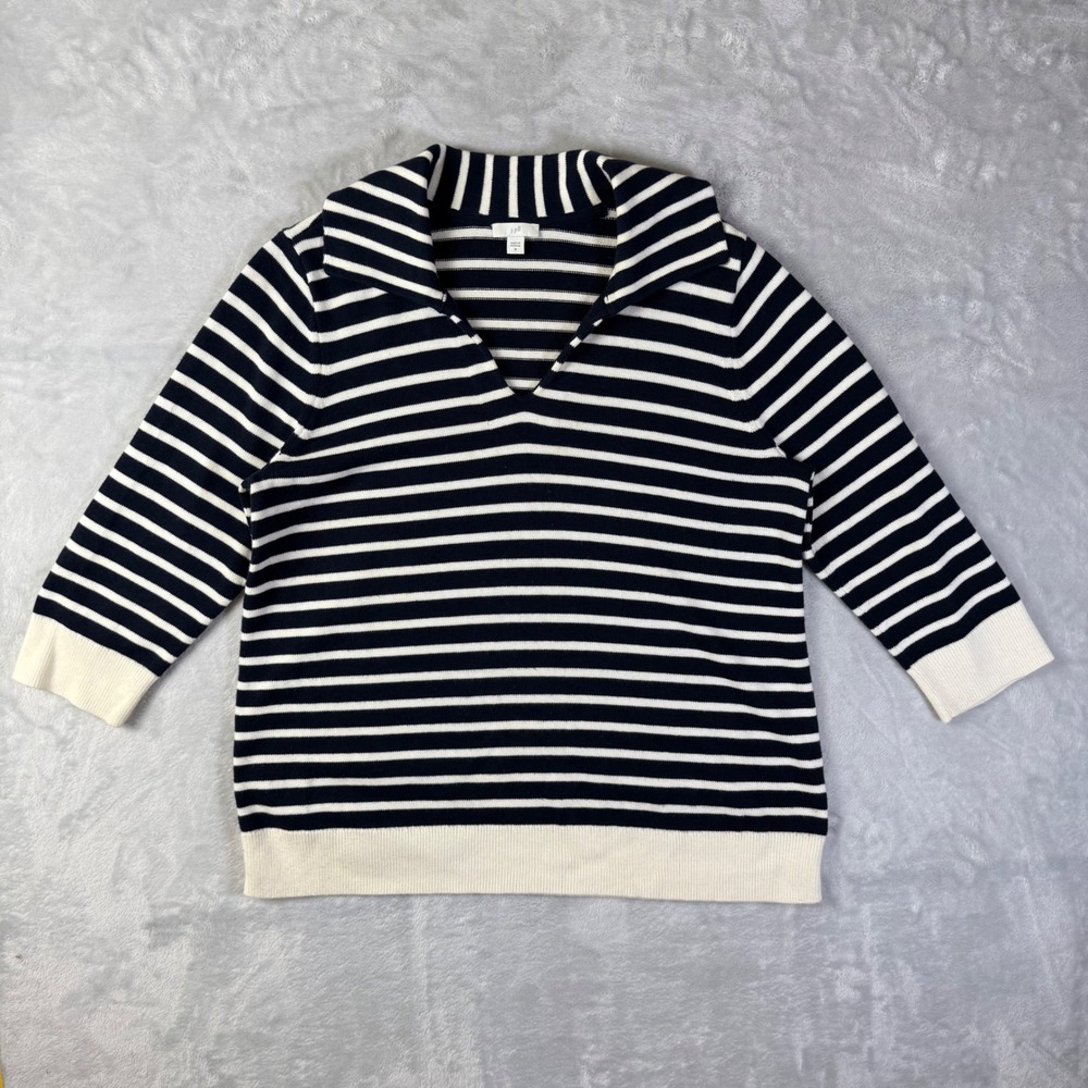 J. Jill Sweater Women Medium Blue Striped 3/4 Sleeve Johnny Collar V-Neck Knit‎